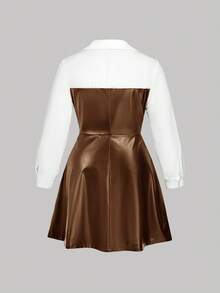 SHEIN MOD Plus Size Women's Long Sleeve PU Colorblock Mini Ruffle Fashion Short Dress,White,Autumn,Elegant,Birthday Faux Leather Collared Halloween Goth 2 In 1 - Brown - View 2