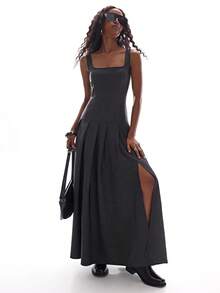Aveloria GENKIRA Grey Square Neck Waist Splicing Pleated Hem Sleeveless Dress, Minimalist French Elegant Casual Academic Chic Versatile Dress - Dark Grey - View 4