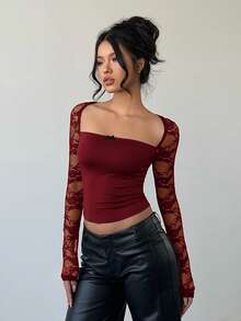 Aloruh Women's Lace Crew Neck Long Sleeve Fitted Cropped Fashionable T-Shirt - Burgundy - View 7