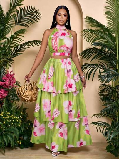 SOLERSUN Women's Elegant Spring/Summer Vacation Floral Print Sleeveless Top And Layered Ruffled Maxi Skirt Two Pieces Set For Casual Vacation And Holidays