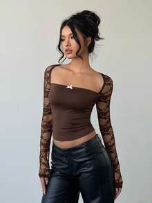 Aloruh Women's Lace Crew Neck Long Sleeve Fitted Cropped Fashionable T-Shirt - Brown - View 7