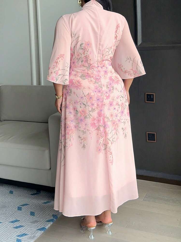 Dazy Plus Plus Size Women Elegant Floral Print Tie Neck Dress Sundress