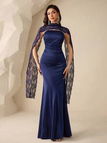 Coutiva Women's Elegant Ruffle Contrast Lace Formal Evening Gown (Heavily Embellished) - Navy Blue - View 6