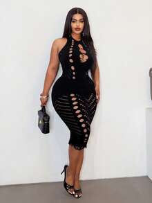 Maweii Plus Size Women Sexy Solid Color Hollow Backless Halter Dress - Black - View 4
