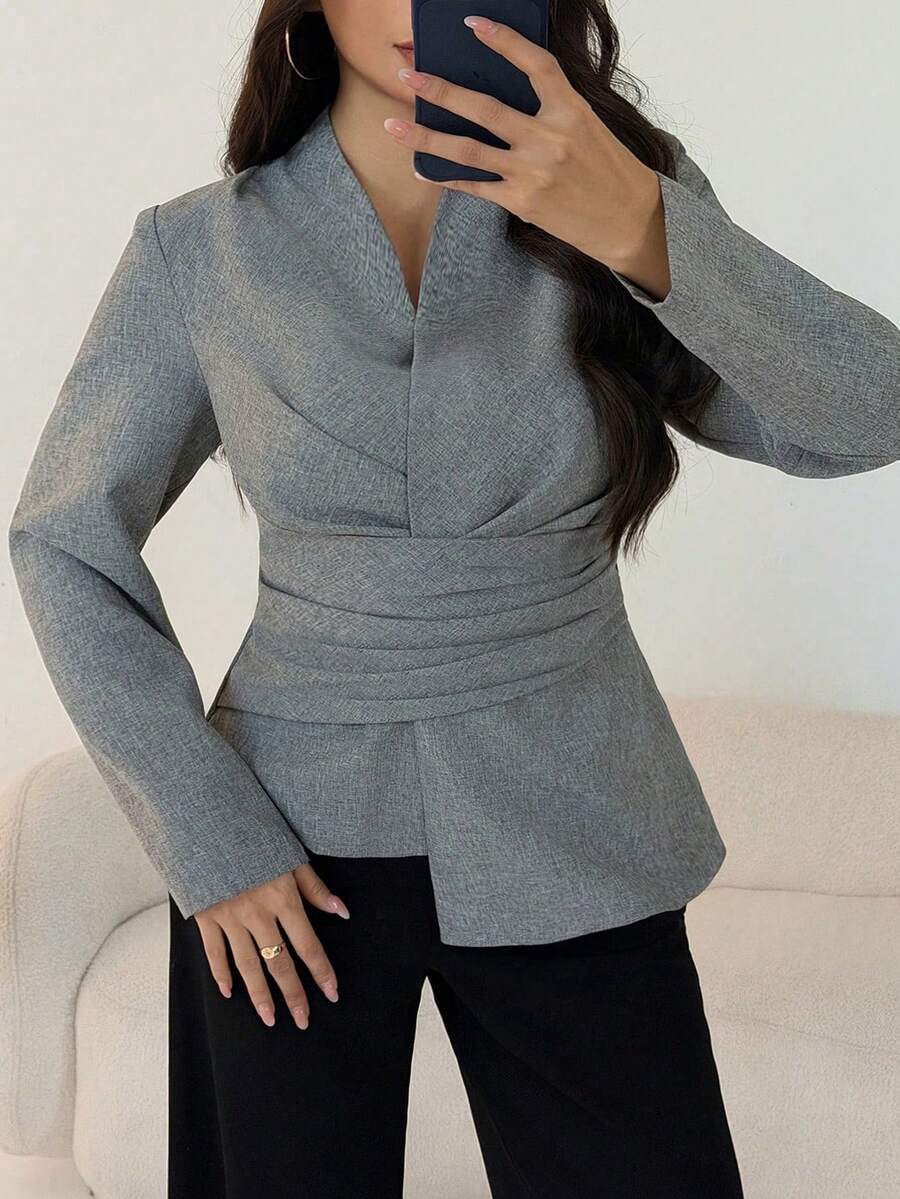 Modelyn 大码女式灰色长袖收腰A字褶皱优雅衬衫 - 灰色 - 查看 1