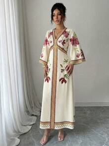 Yasmyna 女士印花V领喇叭袖优雅连衣裙，度假款 - 紅色 - 查看 3