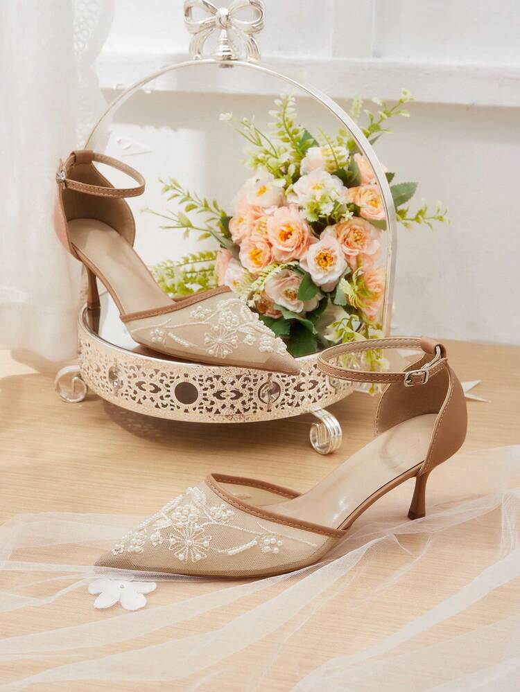 CUCCOO HITCHD Women Shoes Spring And Summer New Pearl Embroidery Pointed Toe Thin Heel Buckle 6.5cm Women's High Heel Shoes Elegant Mesh Splicing Solid Color Commuter Dating Wedding Bridesmaid Shoes