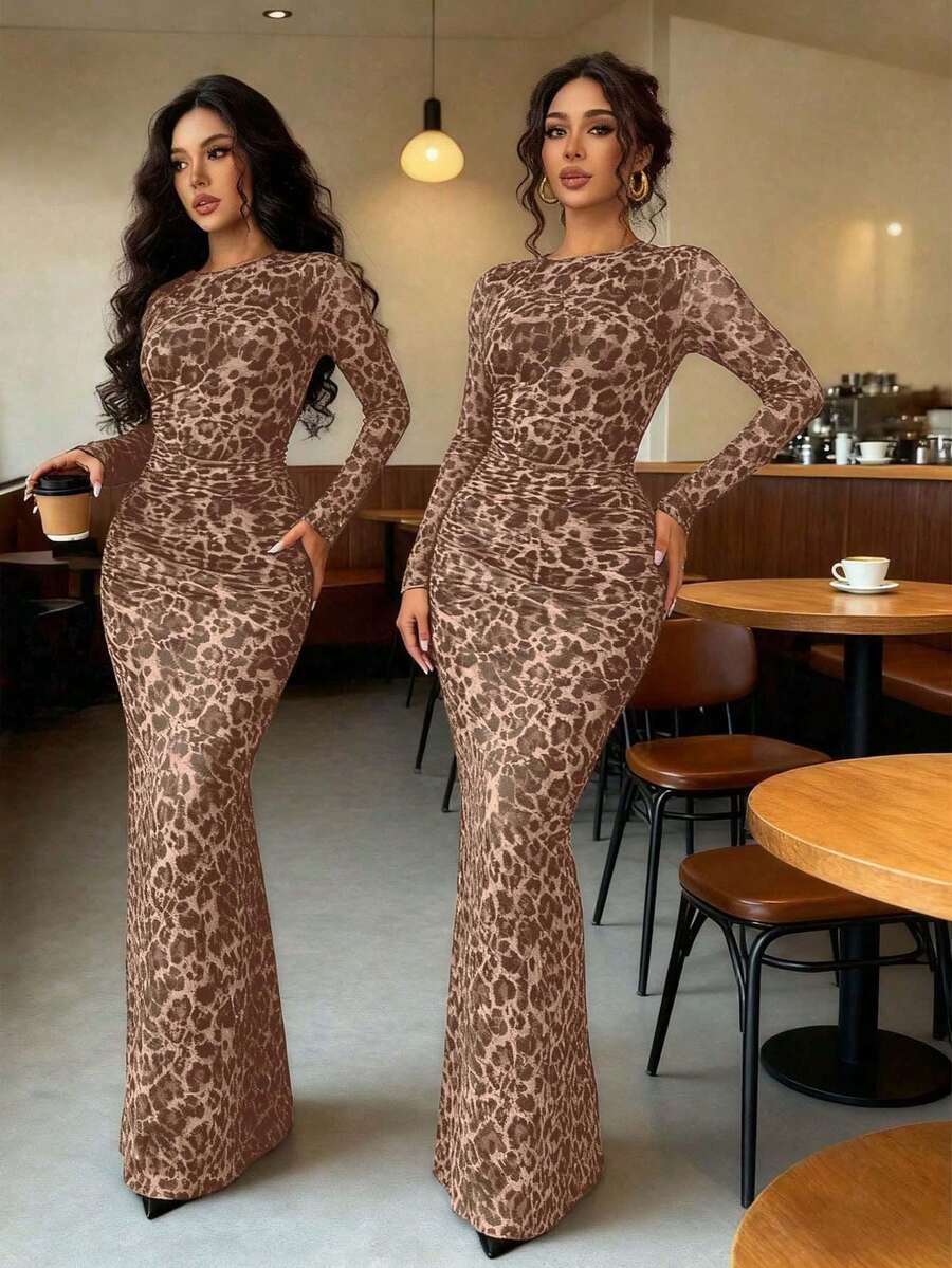Rafferiza Tall 女款優雅豹紋百褶洋裝,時尚派對與宴會穿著,春夏秋季,適合高個女性 - 卡其色 - 查看 1