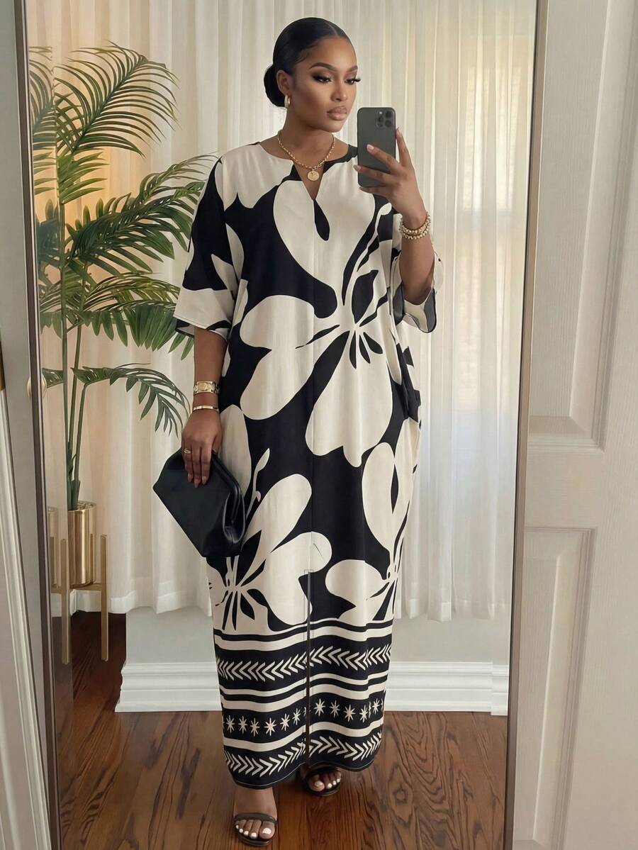 SHEIN Lady 大码夏季休闲度假印花V领宽松连衣裙