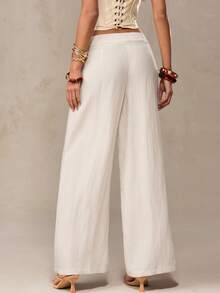 SHEIN BAE 亚麻混纺休闲阔腿裤，适合度假、海滩、法国南部、意大利、伊比沙岛等地的休闲活动，也适合通勤、休闲、早午餐等场合。这款亚麻长裤是夏季女士休闲装的理想之选，可搭配沙滩装、外出上衣、休闲衬衫、彩色条纹长裤、夏季阔腿裤、休闲裤、白色长裤等，适合女士休闲穿着，也适合商务休闲场合。 - 杏色 - 查看 2