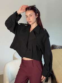 Abrilcols 1pc Women's Solid Color Button-Front Long Sleeve Casual Trench Coat In Fall/Winter - Black - View 3