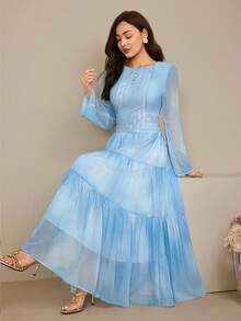 Modelyn Đầm ren in kỹ thuật số màu xanh dương dành cho nữ, kiểu dáng Ả Rập nhẹ nhàng, lãng mạn và tươi mới. - Màu xanh lam - Xem 5