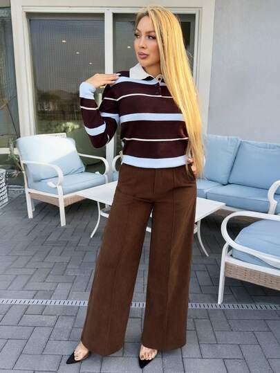 Cioccolato 女士棕色灯芯绒长裤，设计细节精美，搭配复古腰带，适合通勤、办公和休闲穿着，秋冬季款。