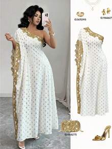 GlowEve 女士金箔花卉饰边不对称袖长款连衣裙 - 彩色 - 查看 1