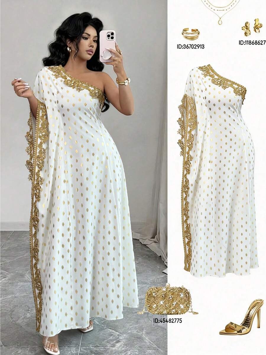 GlowEve 女士金箔花卉饰边不对称袖长款连衣裙 - 彩色 - 查看 1