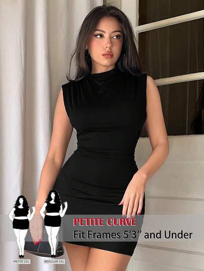 SHEIN PETITE CURVE Plus Size Women Solid Color Pleated Collar Sleeveless Fitted Dress