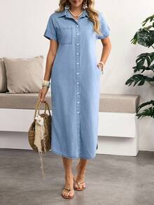 Breezaya Women's Denim Extra Long High Slit Dress - Blue - View 6