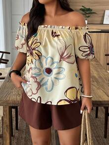 Weeklong Plus Size Off-The-Shoulder Dopamine Two Pieces Set,Large Floral Print Short Sleeve Beige Top & Brown Shorts,Boho Summer Vacation Holiday Casual Wear - Multicolor - View 4