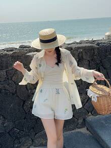 DAZY 两件套女式韩版杏色刺绣衬衫和短裤套装 - 杏色 - 查看 4