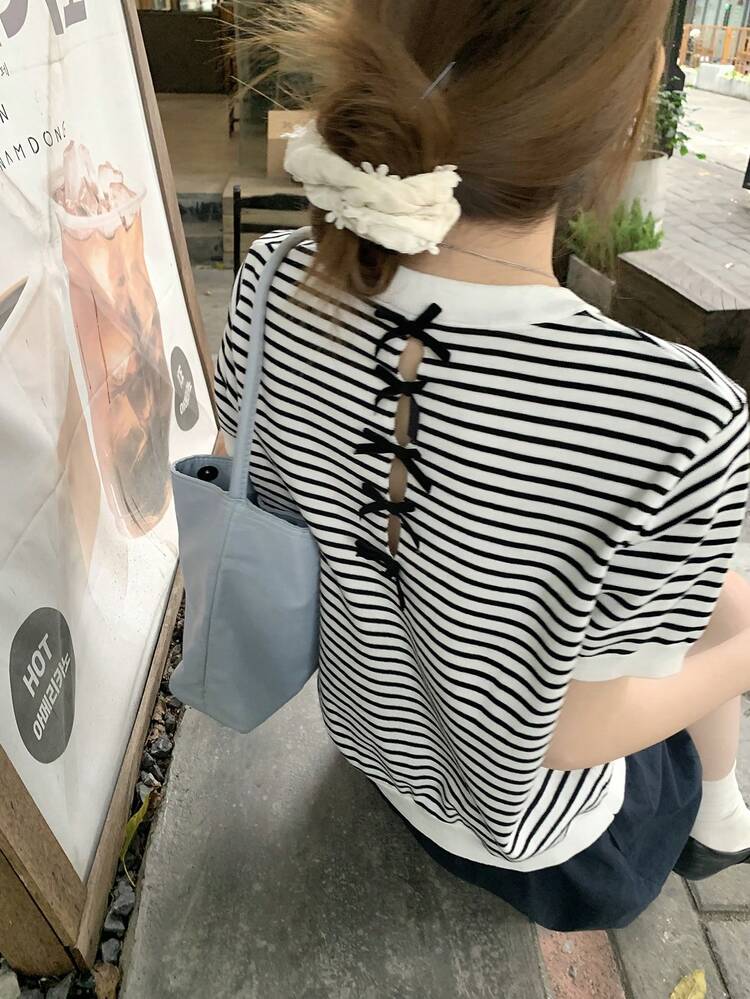 Women's Unique Backless Bow Striped Short Sleeve T-Shirt, French Style Round Neck Fitted Knit Top