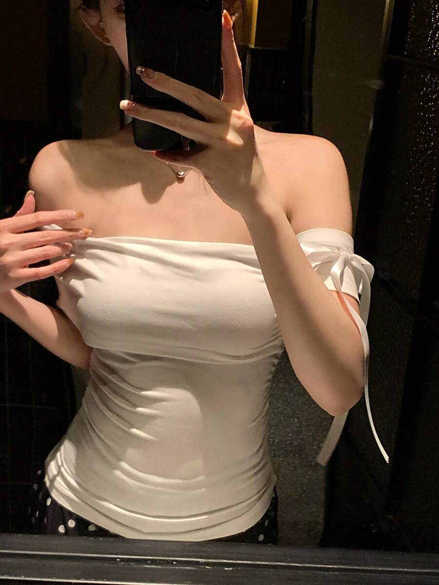 DAZY 女士露肩系带修身短袖T恤 - 白色 - 查看 1