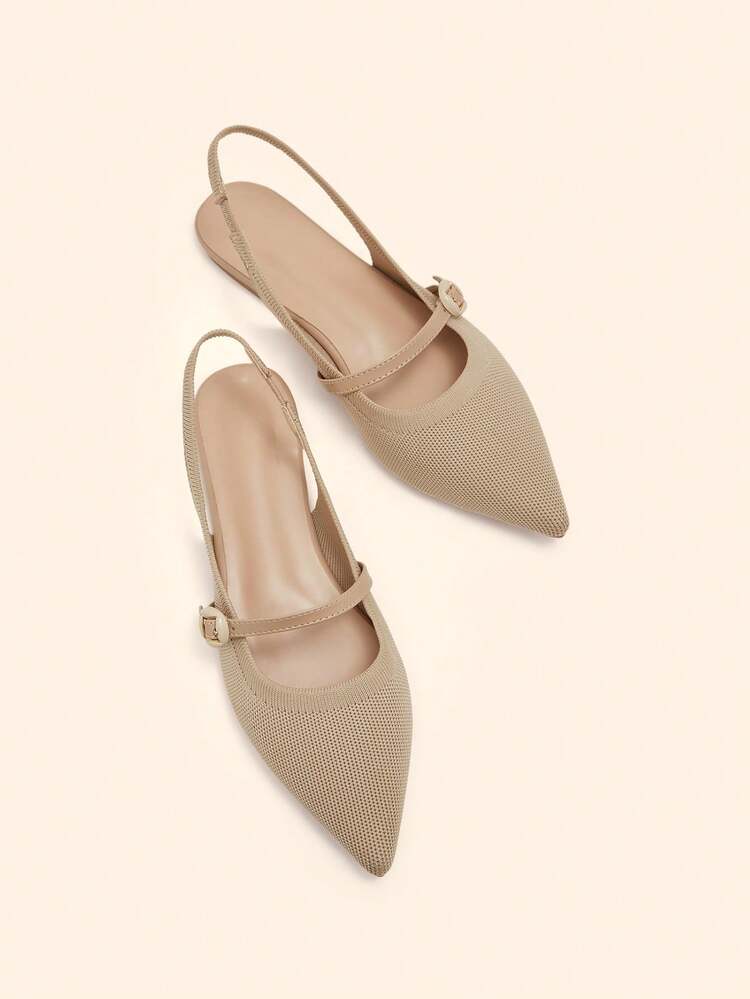 CUCCOO BASICS Women Shoes Pointed Flat Bottom Apricot Knitted Strap Buckle Back Strap Comfortable And Breathable Daily Commuter Versatile Flat Bottom Mary Jane Women's Shoes Women's Flat Bottom Shoes Slingback Shoes Spring Shoes