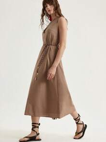 Aveloria Modichic Robe midi décontractée en lin avec décorations de perles et de franges, style mode décontracté Top de gamme, minimaliste et polyvalent pour les vacances - Kaki - Voir 1