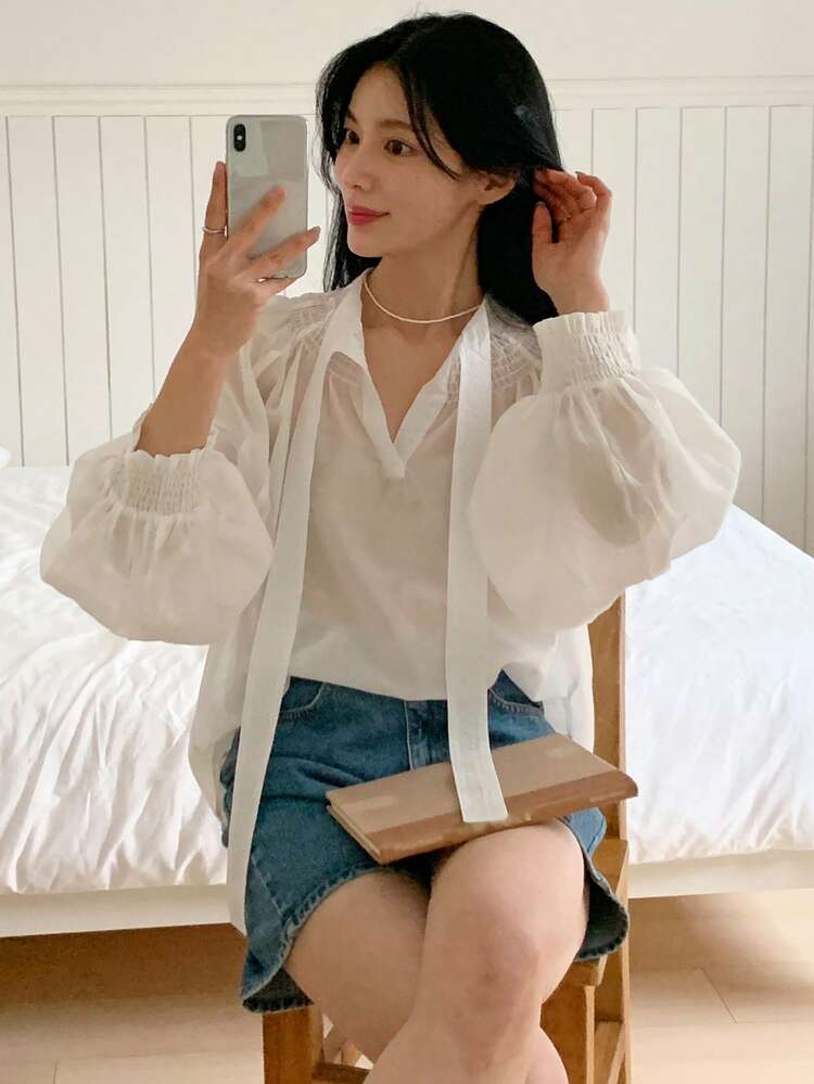 Women's V-Neck Semi-Sheer Loose Tie-Front White Vacation Blouse Summer