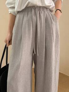 DAZY Women's Elastic Waist Drawstring Tie Loose Straight Leg Casual Pants - Apricot - View 5