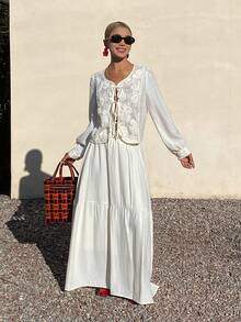 Livesso 2 Stücke Damen Strukturierte Puffärmel Top und Lässig Rock Set, Boho Loungewear Set für Damen Urlaubsoutfits - Beige - Übersicht 5