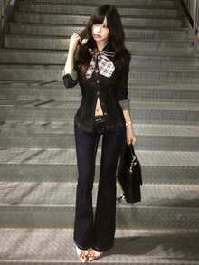 DAZY 束腰弹力牛仔衬衫，女士修身显瘦长袖休闲牛仔上衣，春季款 - 深色水洗藍 - 查看 8