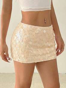 SHEIN PETITE 亮粉色亮片装饰低腰迷你短裤，适合年轻女性，节日/街头穿着 - 杏色 - 查看 7