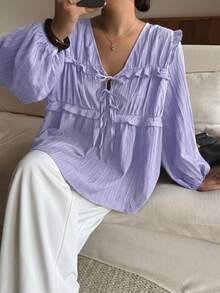 Dripcurv 大码女式紫色V领休闲灯笼袖上衣，宽松日常度假风夏季上衣春季外出夏季假日时尚系列 - 紫色 - 查看 4