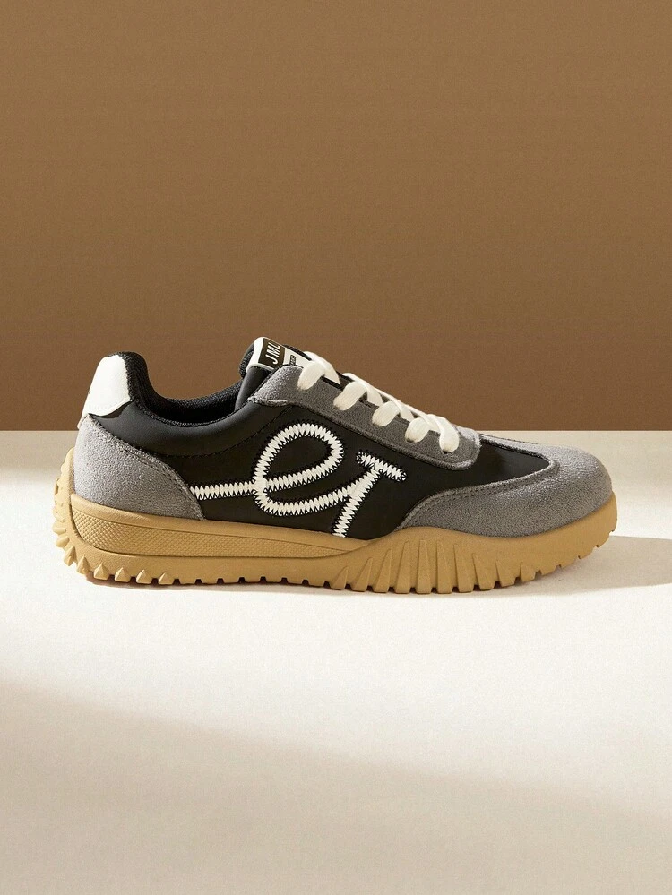 CUCCOO EASI Contrast Color Solid Preppy Casual Gym Sneakers For Women, Lace-Up Brown Patchwork Flat Retro Casual Outdoor Sports Running Shoes