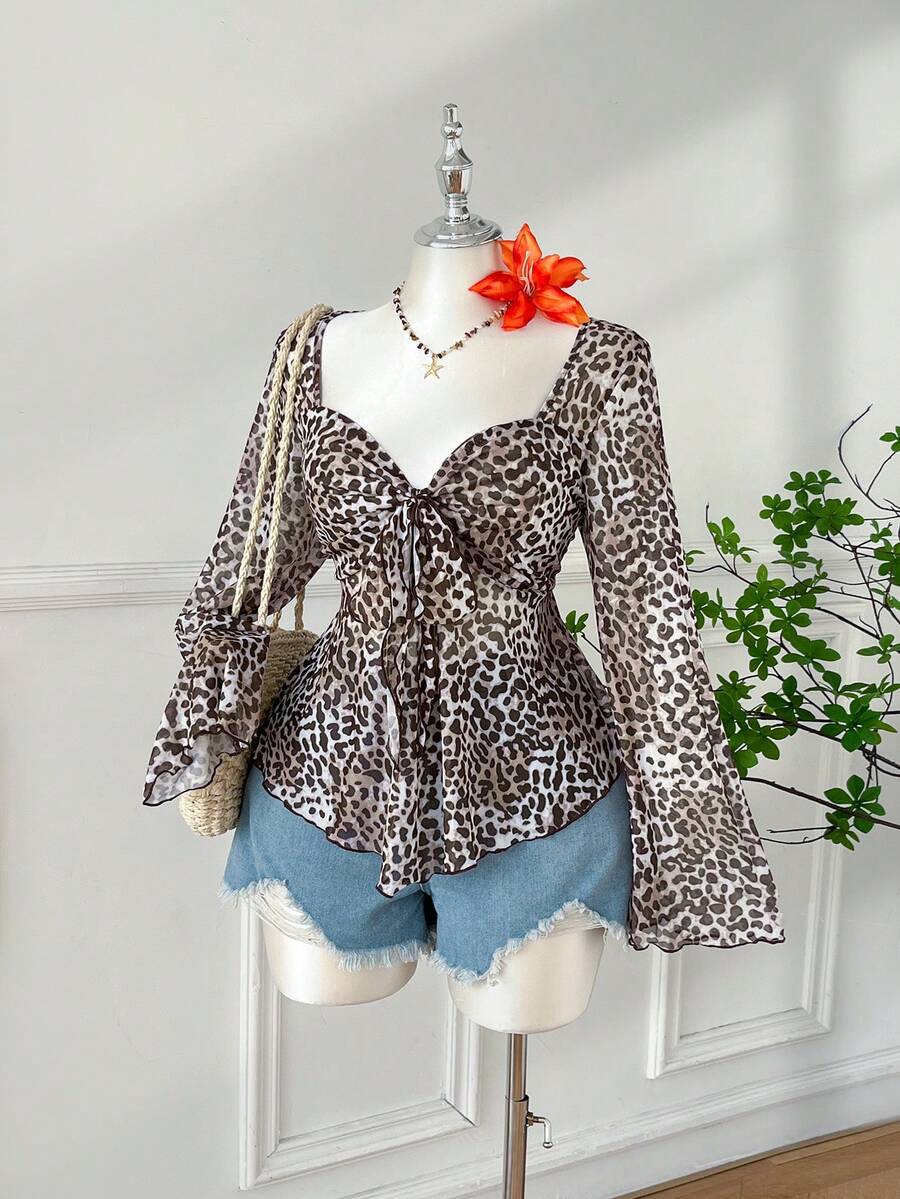 Comfortcana Áo nữ cỡ lớn in họa tiết da báo cổ điển tay phồng cổ vuông, thích hợp cho mùa Thu/Đông. - Nhiều màu - Xem 1