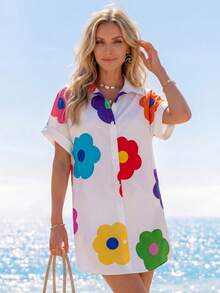 Sylviya Fashionable Casual White Dopamine Flower Printed Short Sleeve Shirt Dress With Buttons - White - View 4
