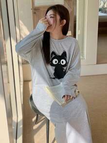 Dazy Plus Cartoon Cat Print Pattern Loose Round Neck Straight T-Shirt Style Sleepwear, Spring/Autumn - Grey - View 7