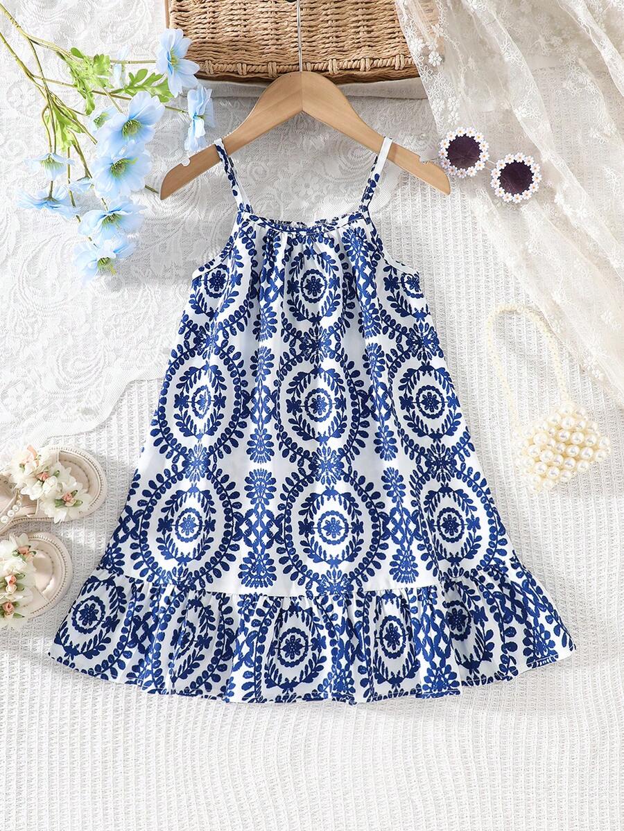 SHEIN Genkimix Kids Đầm maxi vải dệt nhiều màu sắc in kỹ thuật số, viền bèo nhún, dây đeo, thích hợp mặc hàng ngày vào mùa hè, đi chơi, du lịch, nghỉ mát và dự tiệc cho bé gái. - Nhiều màu - Xem 1