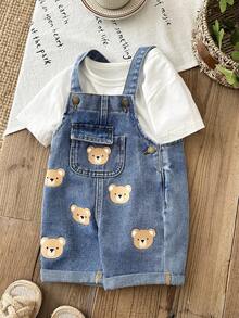 LMoss Kids Quần yếm denim in hình gấu hoạt hình dễ thương cho bé trai, có túi nắp, thích hợp mặc hàng ngày, mùa hè. - Rửa nhẹ - Xem 10