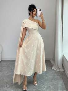 SHEIN Raffinéa Women's Elegant Floral Embroidery Ruched Waist One-Shoulder Party Dress - Apricot - View 5