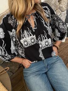 Vivie Lora Women's Loose Vacation Style Black & White Shirt Boho - Black and White - View 1