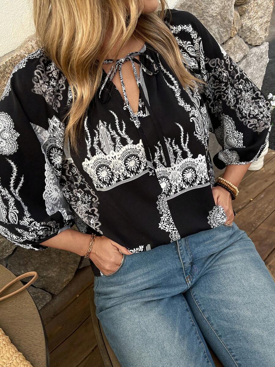 Vivie Lora Women's Loose Vacation Style Black & White Shirt Boho - Black and White - View 1