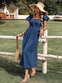 Breezaya 优雅荷叶边下摆收腰长款牛仔连衣裙，女士款 - 中等水洗藍 - 查看 5