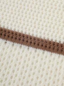 RONVEXI Men's Casual Vacation Style Contrast Striped V-Neck Open Knit Top, Summer - Apricot - View 3