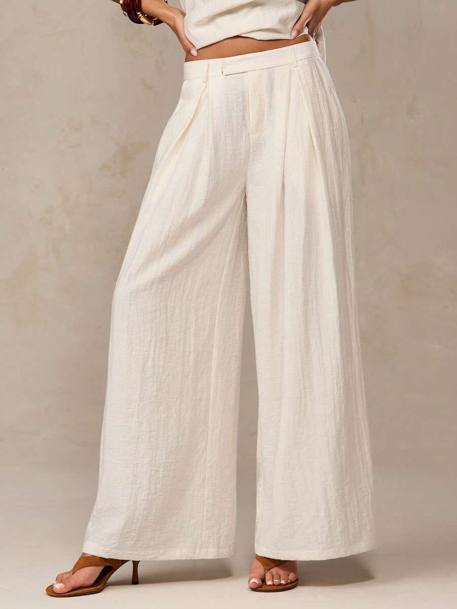 SHEIN BAE 米色和杏色亚麻低腰褶裥阔腿裤，适合意大利度假、法国南部度假、休闲裤、沙滩裤、邮轮裤、复古风格、早午餐裤，春夏皆宜。 - 杏色 - 查看 1