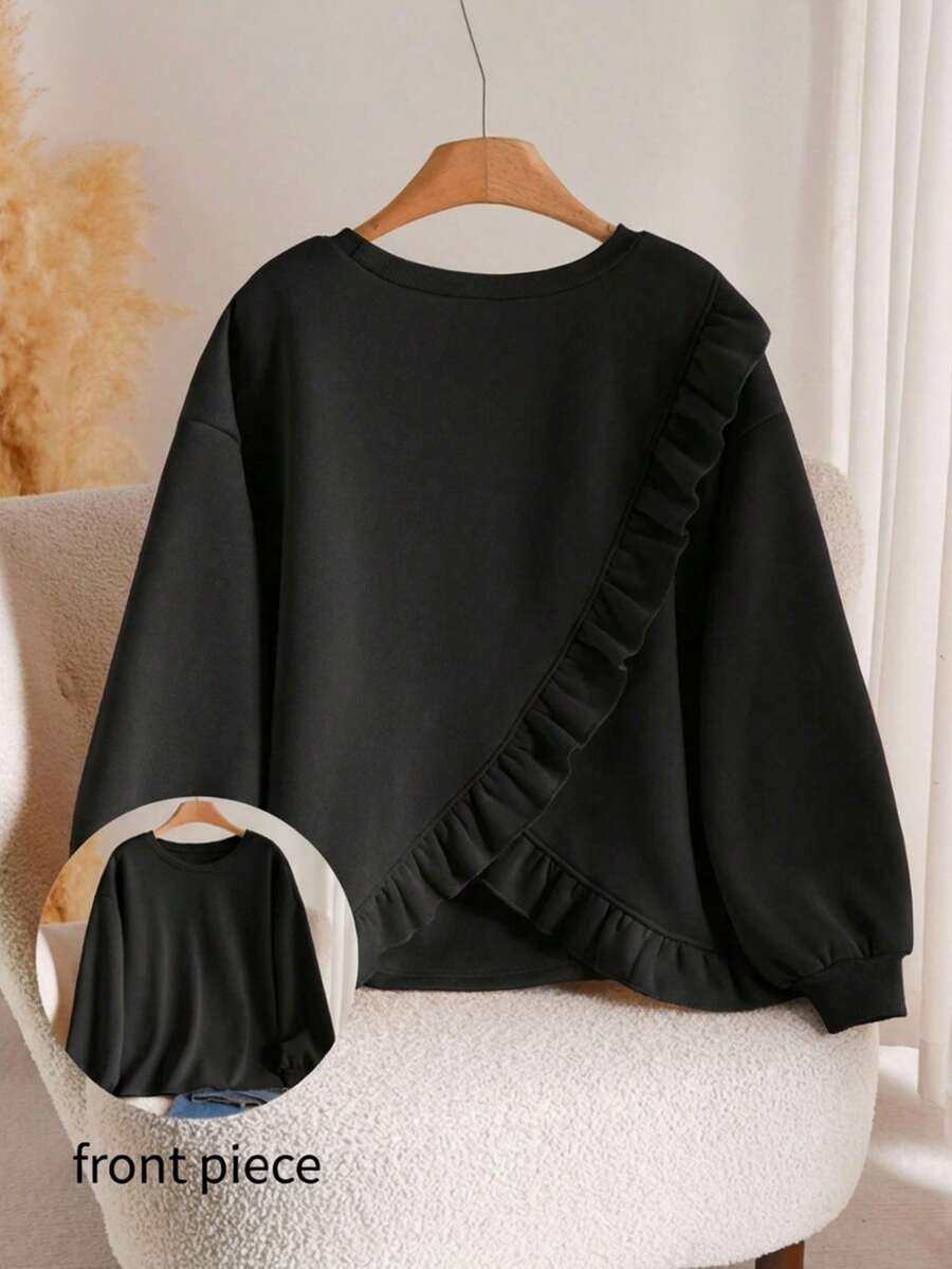 CosyJoli 大码女式交叉露背荷叶边休闲卫衣，杏色，通勤和日常穿着皆宜 - 黑色 - 查看 1