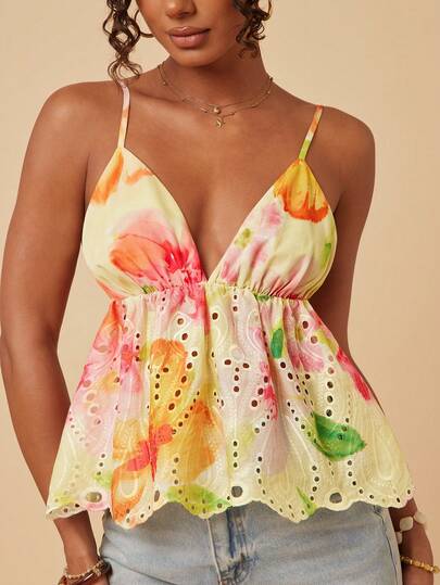 Travachic Débardeur à volants avec imprimé floral bohème, broderie ajourée