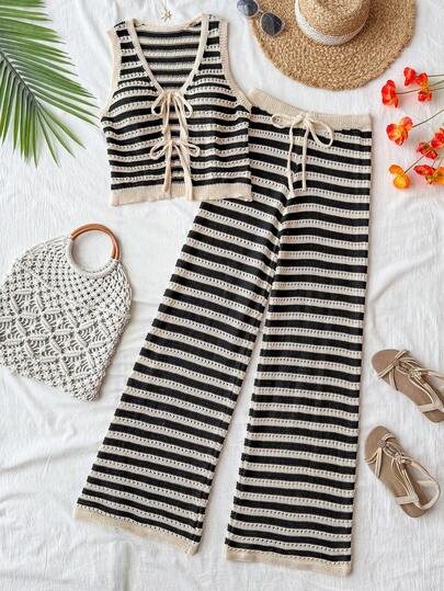 Travachic Women's Vacation Casual Striped Tie-Up Sleeveless Knit Top And Pants 2 Pieces Set,Vacation Casual Terno Outfit For Women,Summer Holiday Outfits,Spring Break Outfits,Party Outfit,Beach Outfit,Spring Clothing,Valentine Outfits For Women,Carnival Costume,Elegant,Floral,Carnival,Spring To Summer ,Party ,Summer Set,Wedding Guest Set For Women,Birthday Set,Party Set,Elegant Set For Women,Floral Set,Summer Set,Carnival Costume, Mexican Style Set Women Boho Set For Women,Tropical,Bohemian,Ibiza,Western,Graduation Set, Graduation Outfit For Mother