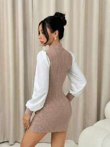 SHEIN PETITE Đầm tay phồng cổ đứng có gân - Màu Khaki - Xem 2