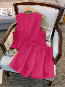 Rometta Plus Size Solid Color Tank Top And Shorts 2 Pieces Set - Hot Pink - View 2